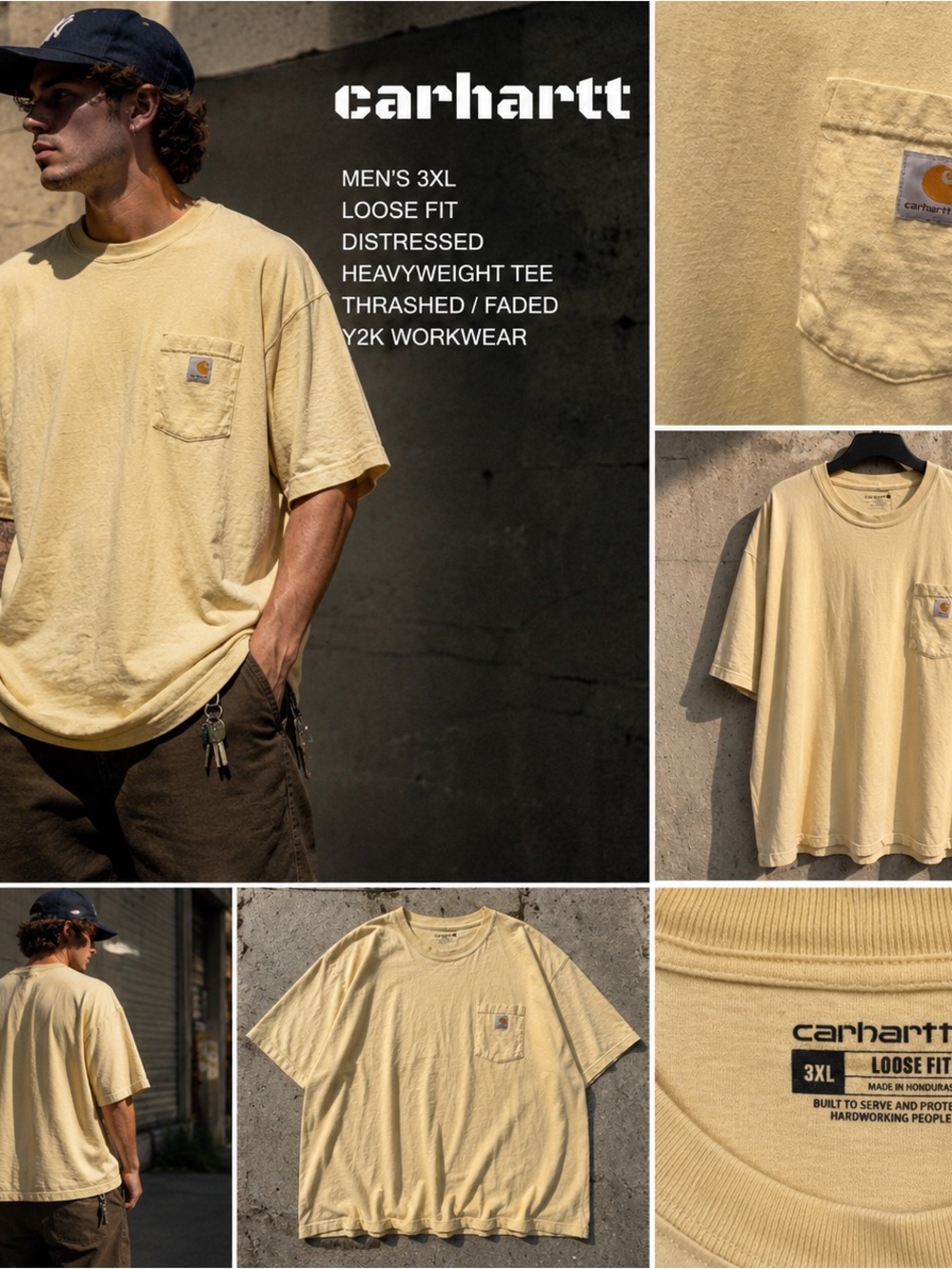 Carhartt Pocket Tee 3XL Yellow Distressed Thrashed Heavyweight Workwear Grunge